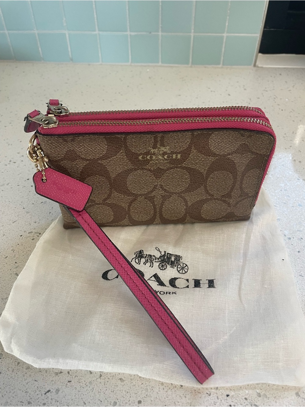 Coach Brown Signature Canvas Double Zip Wristlet with Pink Trim
